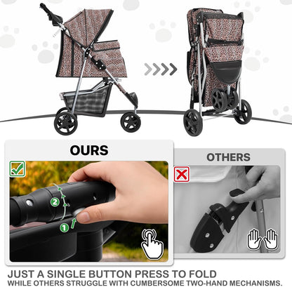 MoNiBloom Foldable Pet Stroller with Weather Cover, 3 Wheels Pet Strolling Cart for Small/Medium Dogs and Cats with Storage Basket and Cup Holder, Breathable and Visible Mesh for All-Season, Black