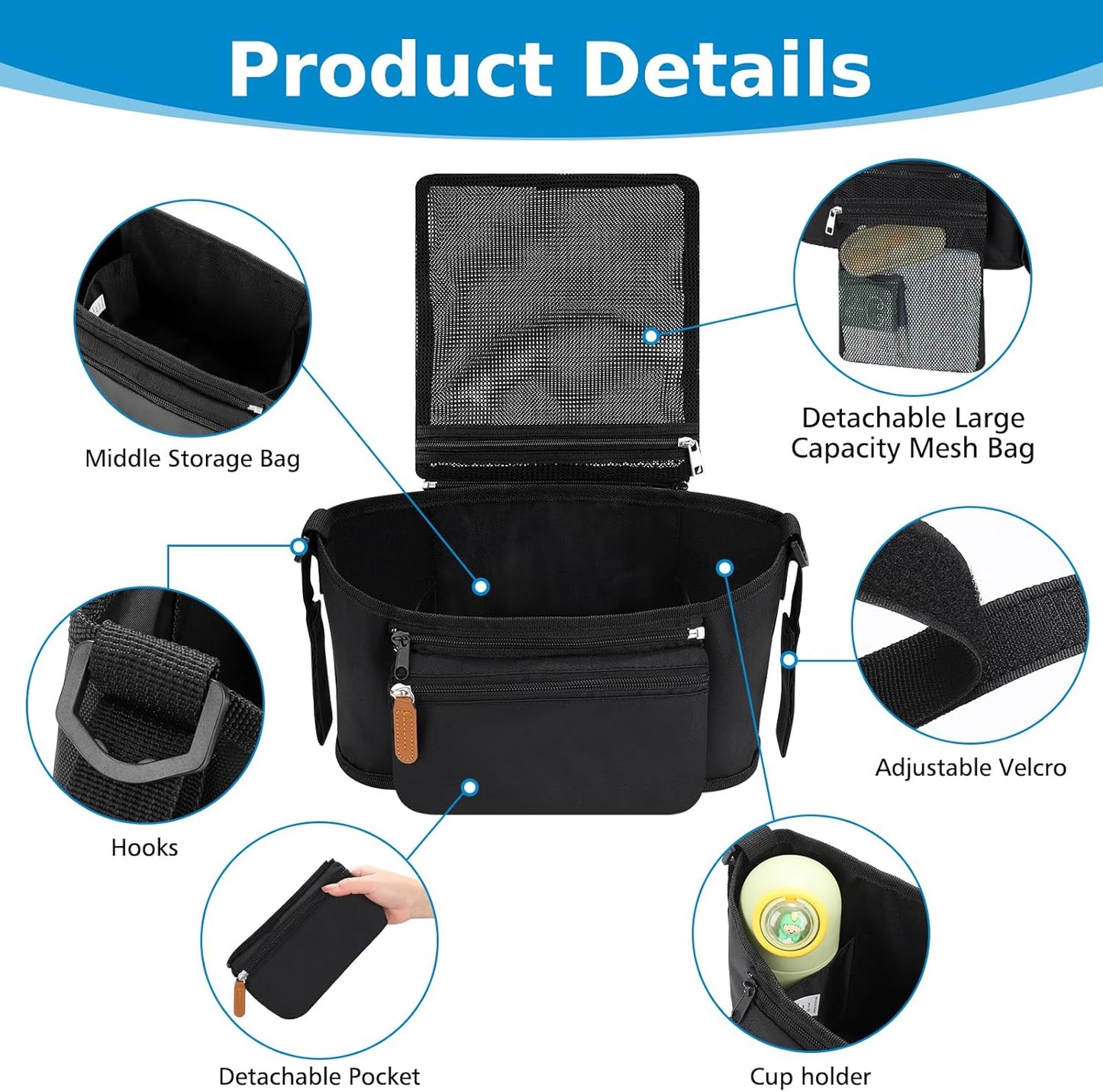 Accmor Universal Stroller Organizer with Detachable Phone Bag, Stroller Bag Caddy Organizer Stroller Accessories for Uppababy, Baby Jogger, Nuna, Doona, Britax Strollers
