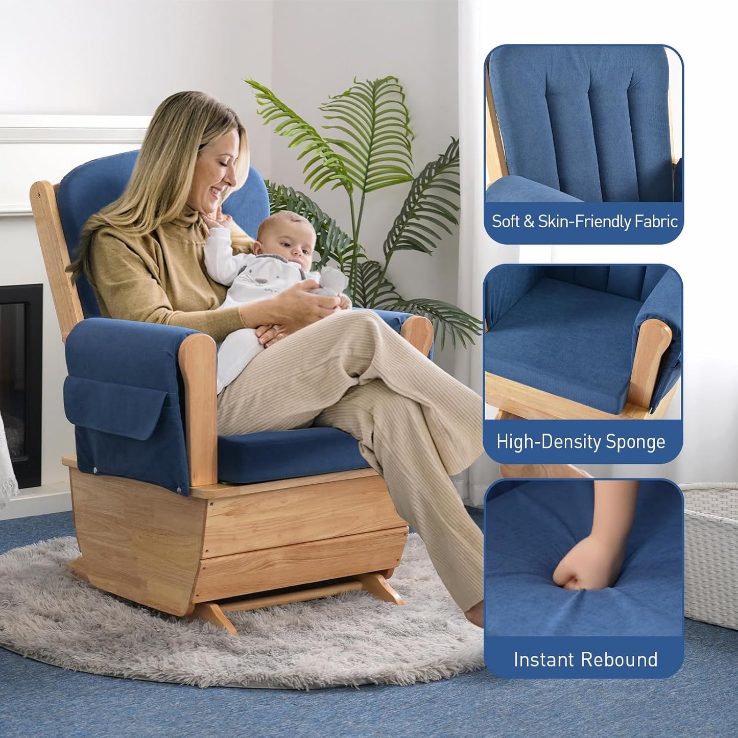 Glider Rocking Chair with Ottoman Set, Solid Wood Nursery Glider Rocker with Padded Cushion, High Back Upholstered Swivel Glider for Living Room, Nursing, Reading, 280LBS Weight Capacity,Oak+Khaki