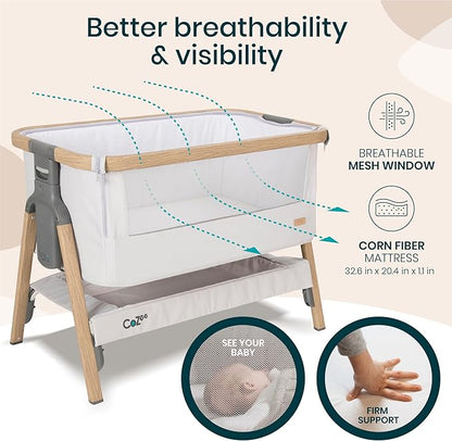 Tutti Bambini CoZee® 2-in-1 Baby Bassinet & Bedside Sleeper - Fast-Folding Bedside Bassinet, Baby Crib with 6 Mattress Heights & Breathable Mesh Window, Mattress Included, 0-6 Months (Silver & Oak)