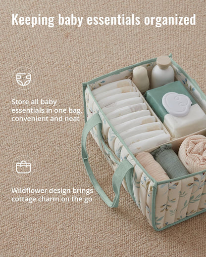 Blissful Diary Floral Diaper Caddy Organizer, Stylish Nursery Storage Basket, Gift for Baby Shower, Newborn Essentials, Floral Beige
