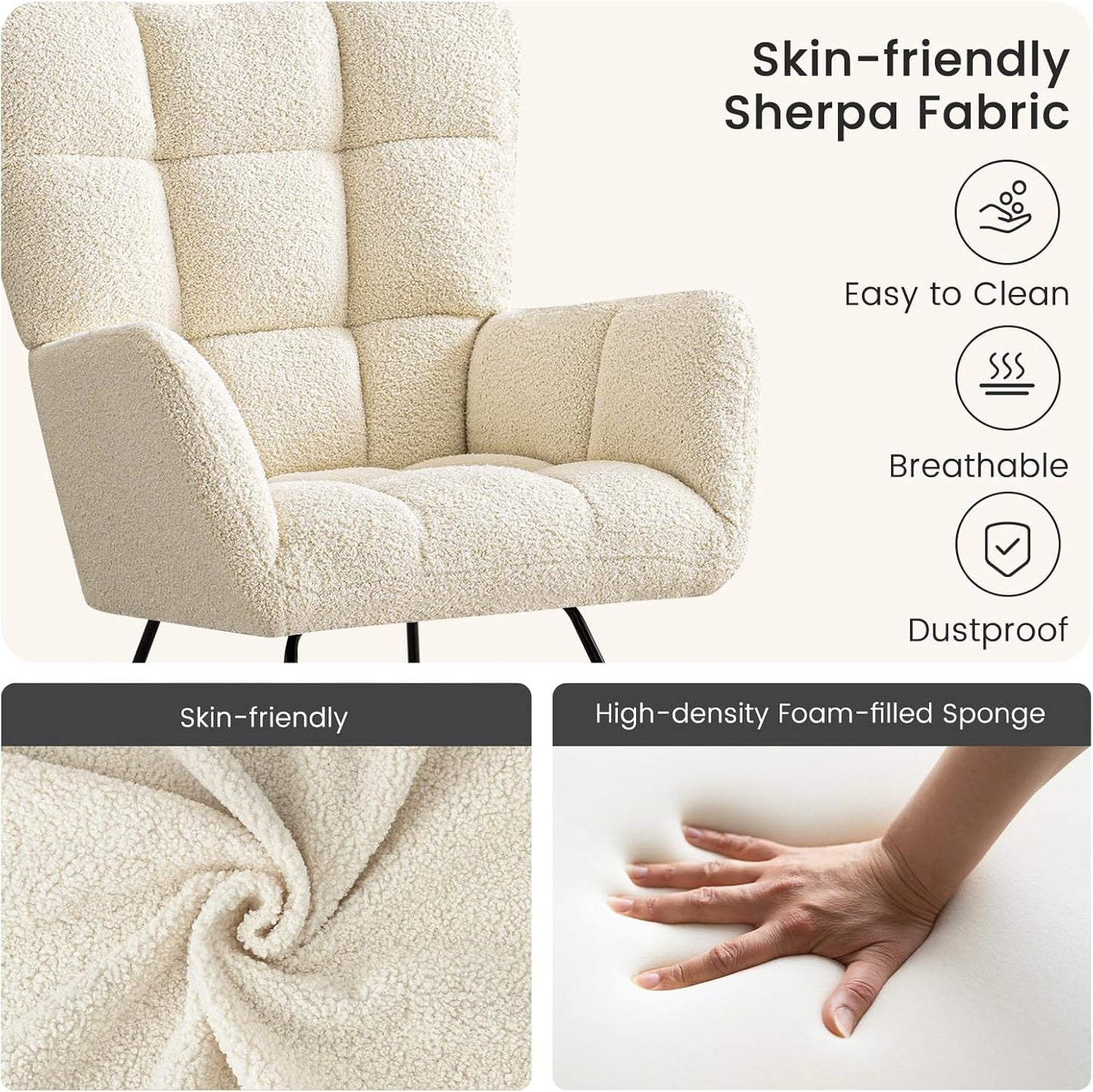 Furniliving Nursery Rocking Chair Upholstered Glider Rocking Chair Modern Accent Chair Padded Seat Reading Chair with High Backrest Comfy Chair for Living Room, Bedroom, Nursery, Black, Teddy