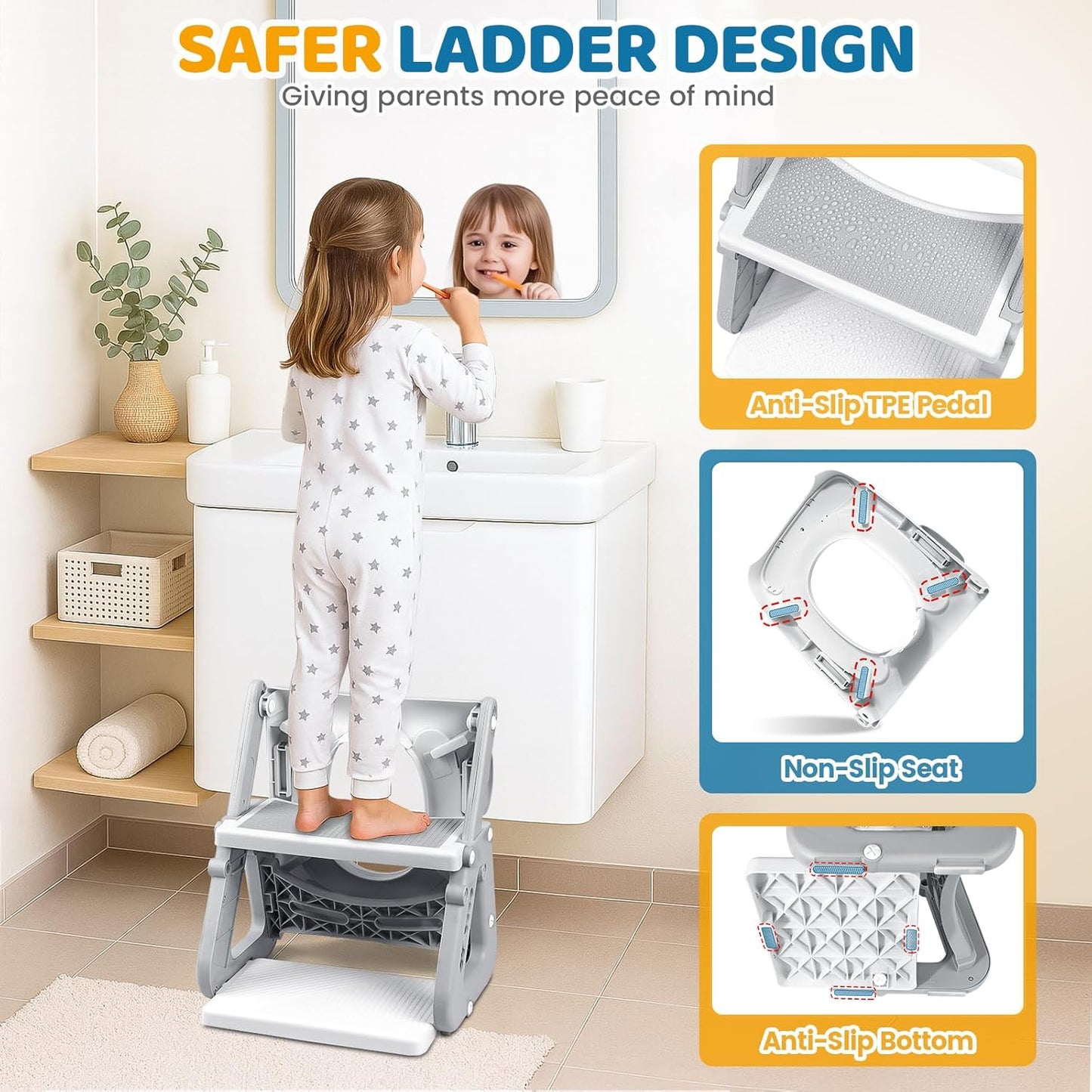 Potty Training Seat with Step Stool, 2-IN-1 Toddler Potty Training Toilet for Kid Boys Girls, Adjustable Toilet Seat for Toilet with ladder, Splash Guard, Anti-Slip Pad and Safety Handle, Gray