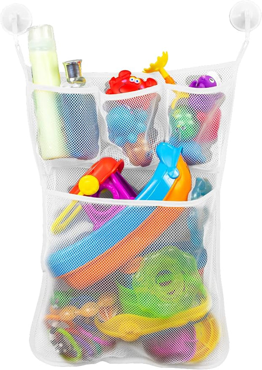 S&T INC. Bath Toy Storage Net with Pockets for Tub, Shower Caddy Holds Baby and Kids Toys, Soap, or Shampoo, Hooks Included, 14 Inch by 20 Inch, White, 1 Pack