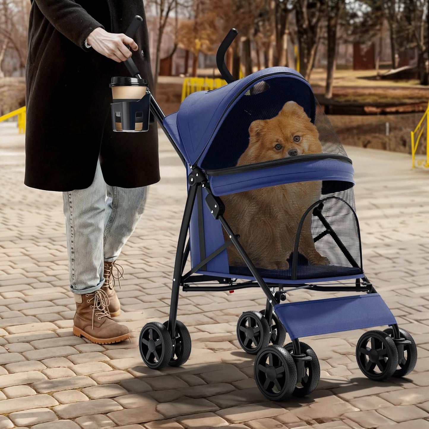 Magshion Compact Pet Stroller for Small-Medium Dogs/Cats up to 22lbs, 4-Wheel Lightweight Umbrella Shaped Portable Puppy Travel Jogger with Breathable Mesh, Cup Holder & Rear Storage, Black