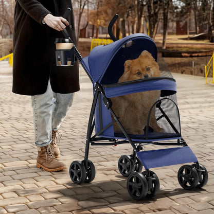 Magshion Compact Pet Stroller for Small-Medium Dogs/Cats up to 22lbs, 4-Wheel Lightweight Umbrella Shaped Portable Puppy Travel Jogger with Breathable Mesh, Cup Holder & Rear Storage, Black
