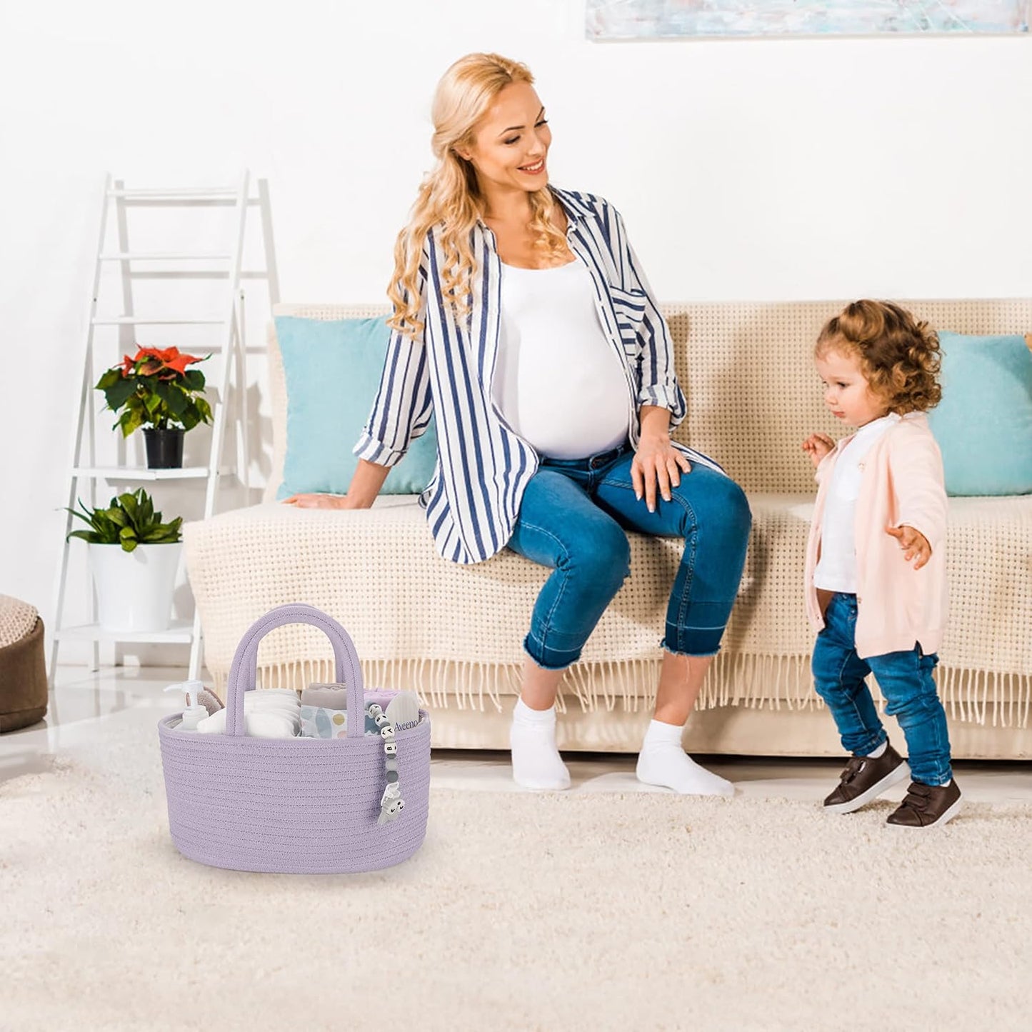 Baby Diaper Caddy Organizer for Girl Boy Rope Nursery Storage Bin Basket Portable Holder Tote Bag for Changing Table Car Travel Baby Shower Gifts Newborn Essentials Registry Must Have Items Pink