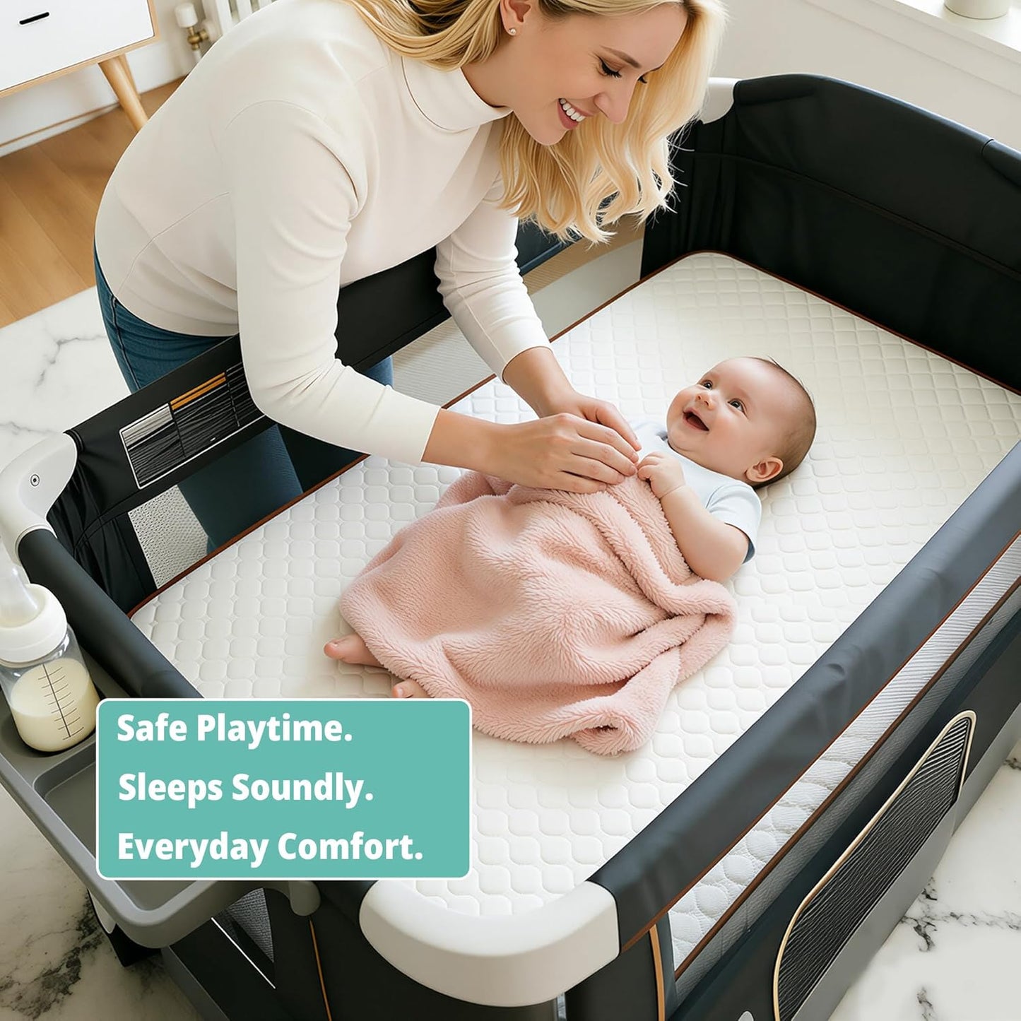 Pack and Play Mattress 38"x26" Playard Baby Pad for Pack n Play, No Gap Safer 3D Piped Edge, 1.5" Thick Medium Firm, Breathable Waterproof Washable Cover, White
