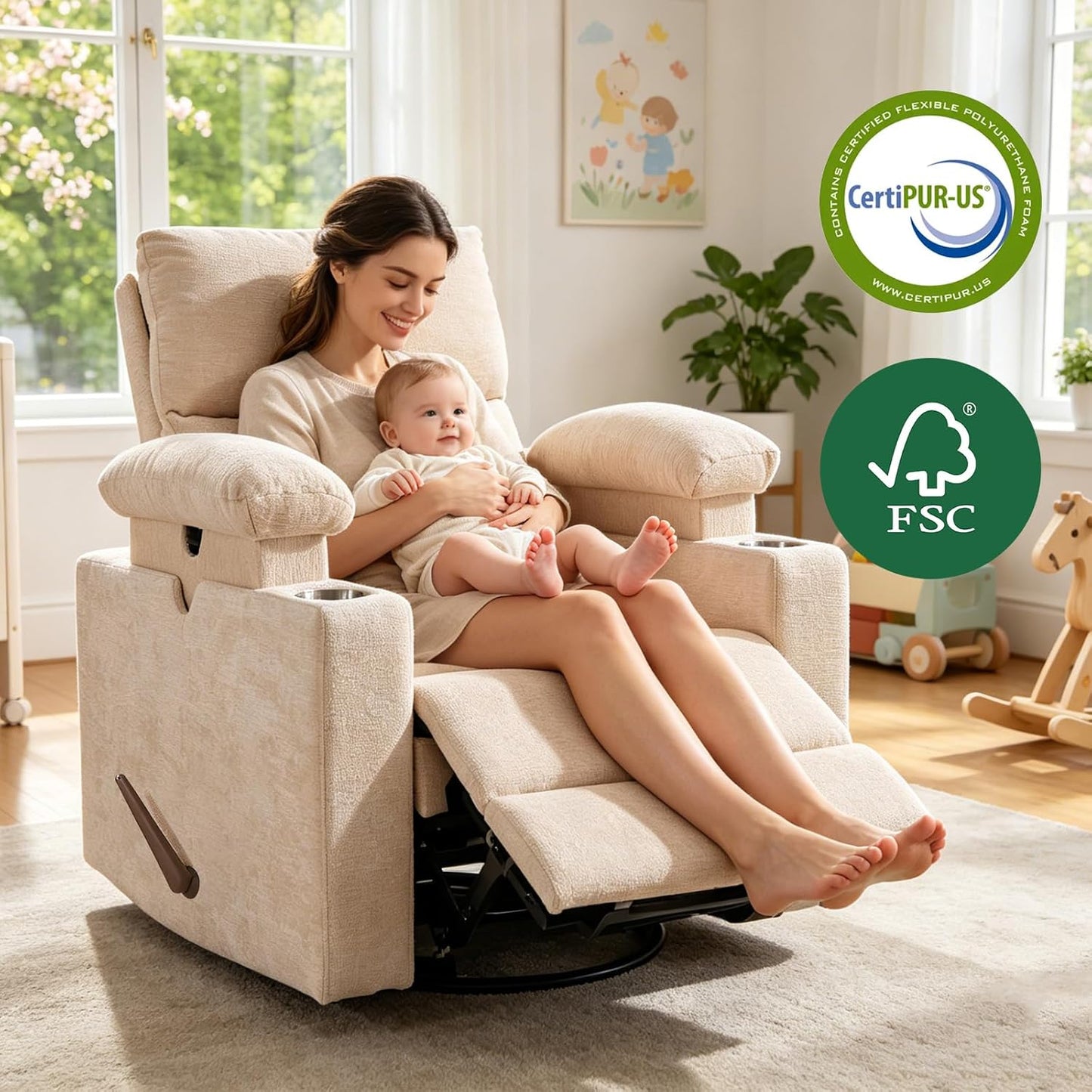 Rocking Chair Nursery with Adjustable Armrest for Breastfeeding, Glider Recliner Nursery Chair with Massage and Heat, Power Swivel Rocker Recliner with Adjustable Headrest, Corduroy, Beige