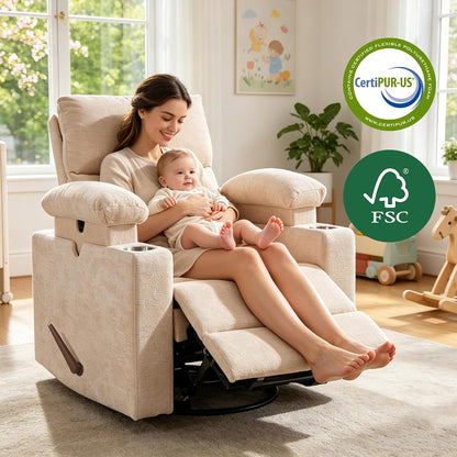 Rocking Chair Nursery with Adjustable Armrest for Breastfeeding, Glider Recliner Nursery Chair with Massage and Heat, Power Swivel Rocker Recliner with Adjustable Headrest, Corduroy, Beige