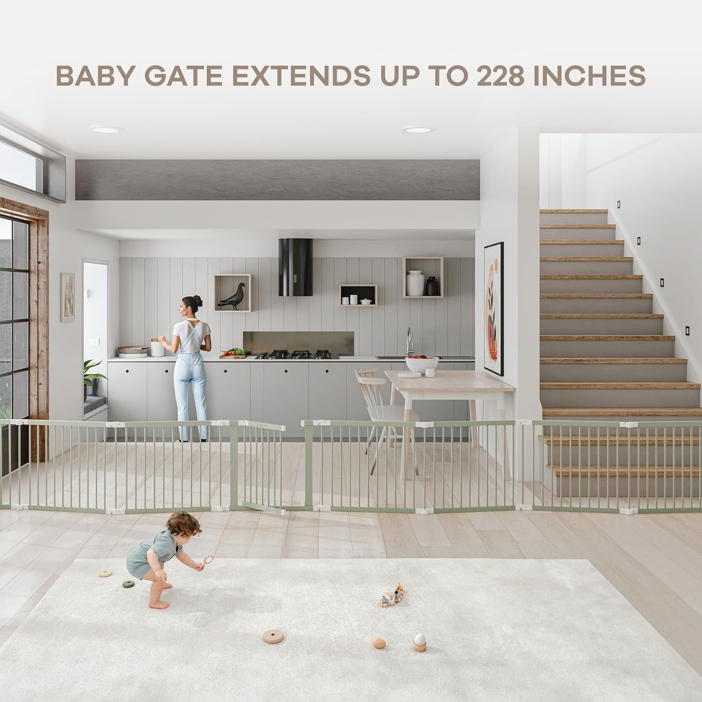 Comfy Cubs Baby Gate Playpen - 57 x 57 x 25 in, Extends Up to 228” - Pine Wood Foldable Playpen with Child-Proof Lock - Easy Assembly Baby Fence Play Area for Babies & Toddlers - Light Wood White