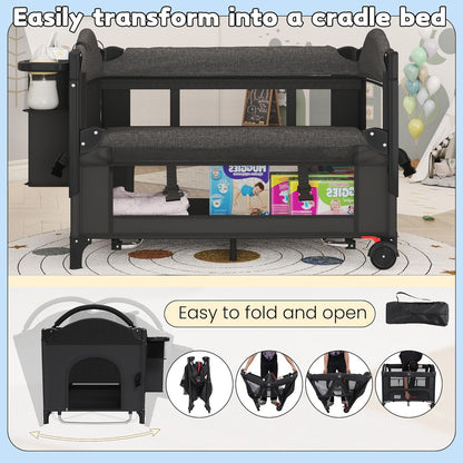 5-in-1 Baby Bassinet Bedside Sleeper with Swing Tube Converts to Cradle, Baby Crib with Mattress, Detachable Diaper Changer, Mosquito Net and Toy - Black