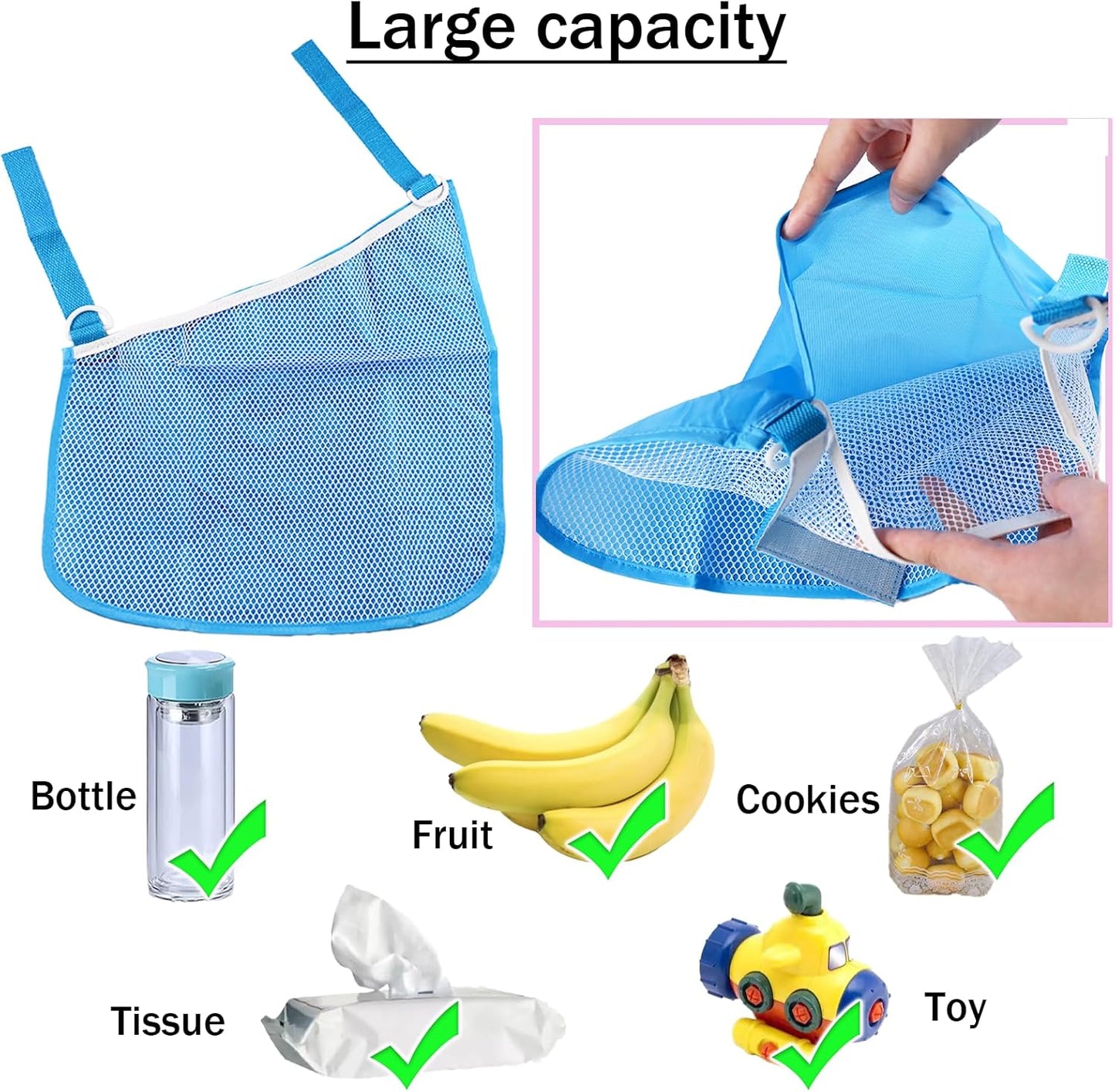 2PCS Universal Side Sling Stroller Cargo Net,Portable Storage Mesh Bag,Stroller Storage Organizer Bag,Non-Slip and Adjustable Straps Side Sling Mesh Organizer(Black)