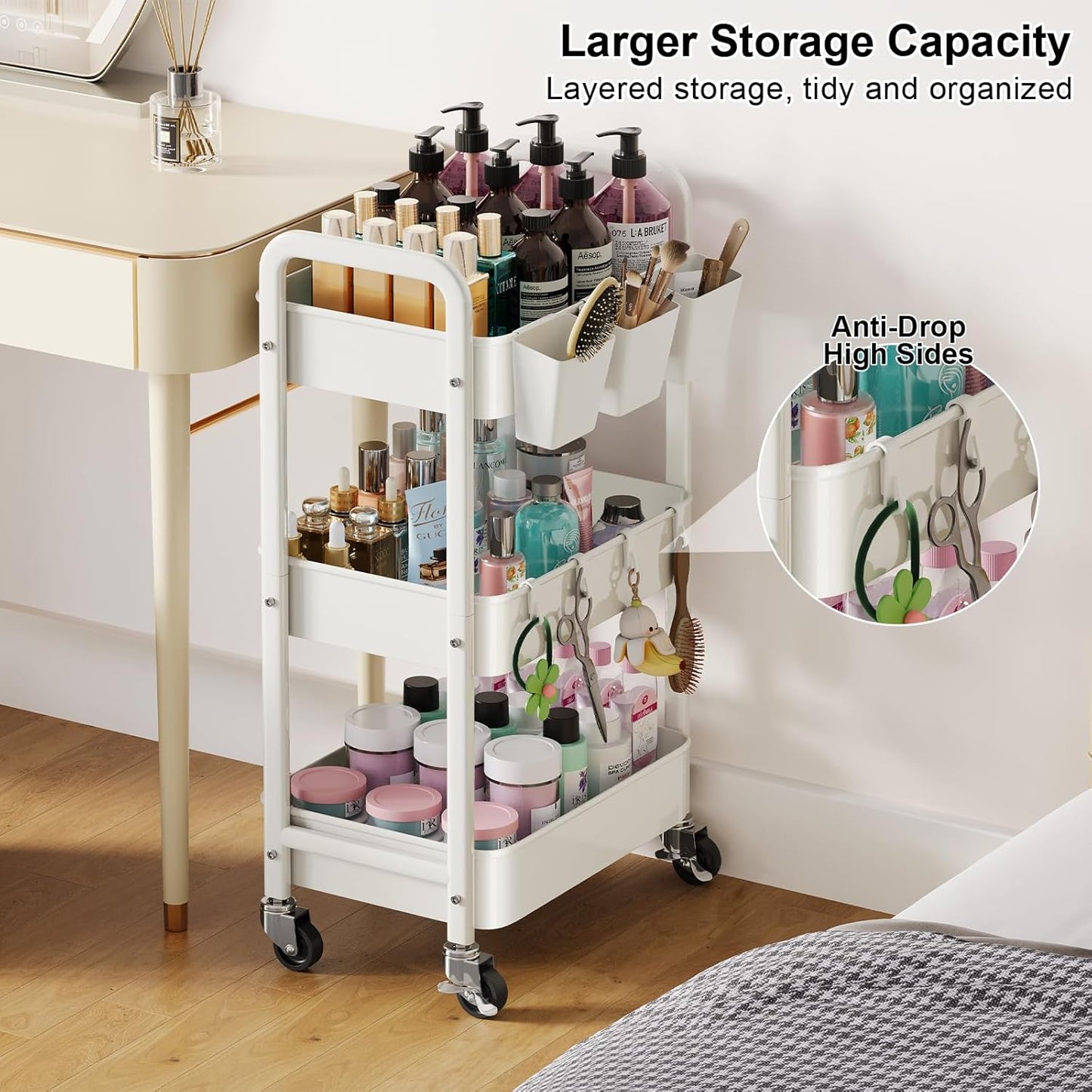 Beige 3 Tier Rolling Cart Metal on Wheels, Three Tiered Storage Organizer Utility Trolley with Wheels for Art, Craft, Baby Diaper Caddy, Snack, Book, Nail, Lash, Cleaning Supplies, Kitchen, Bathroom
