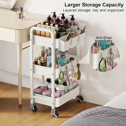 Beige 3 Tier Rolling Cart Metal on Wheels, Three Tiered Storage Organizer Utility Trolley with Wheels for Art, Craft, Baby Diaper Caddy, Snack, Book, Nail, Lash, Cleaning Supplies, Kitchen, Bathroom