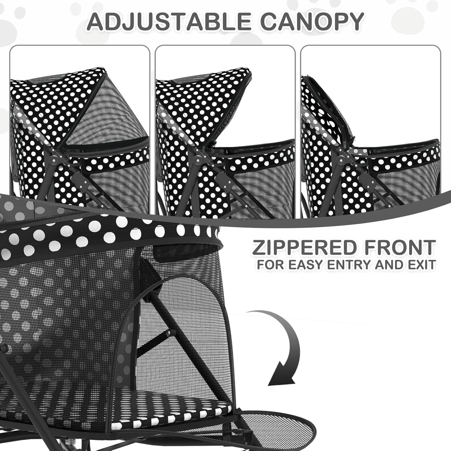 MoNiBloom 4 Wheels Pet Stroller, Easy-Fold Puppy Cage Jogger Stroller with Sun Cover, Pad and Rear Storage Bag, Breathable and Visible Mesh for Small/Medium Pets up to 22 lbs, Black