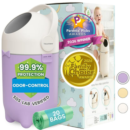 iTouchless Odor-Locking Diaper Pail - 2026 Award-Winning Ag+ Silver Ion Nursery Bin - Fits Any Bag, No Refills Needed - Includes 20 Leak-Proof Bags (Hold 300 Diapers) - Boho White Baby Registry Gift
