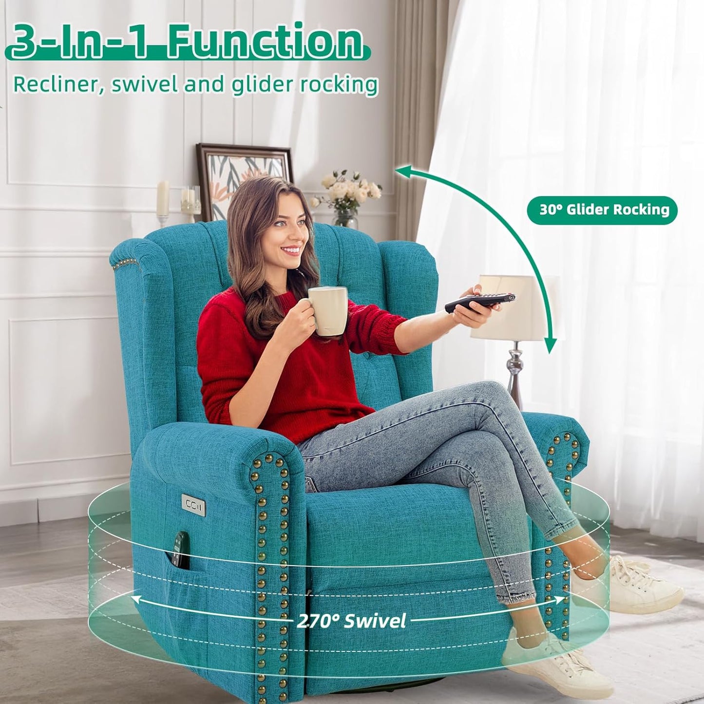 VIVIJASON Power Swivel Rocking Recliner Chair with Massage & Heat, Electric Rocker Nursery Glider Chair, Wingback Tufted Upholstered Recliner W/Type-C & USB Ports for Living Room, Bedroom, Beige