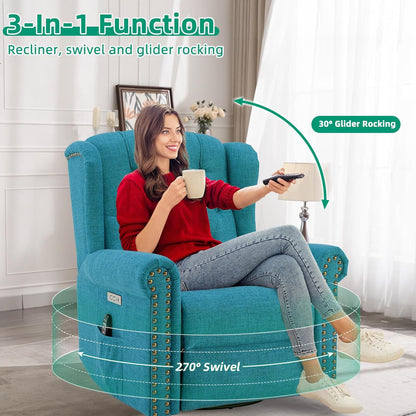 VIVIJASON Power Swivel Rocking Recliner Chair with Massage & Heat, Electric Rocker Nursery Glider Chair, Wingback Tufted Upholstered Recliner W/Type-C & USB Ports for Living Room, Bedroom, Beige