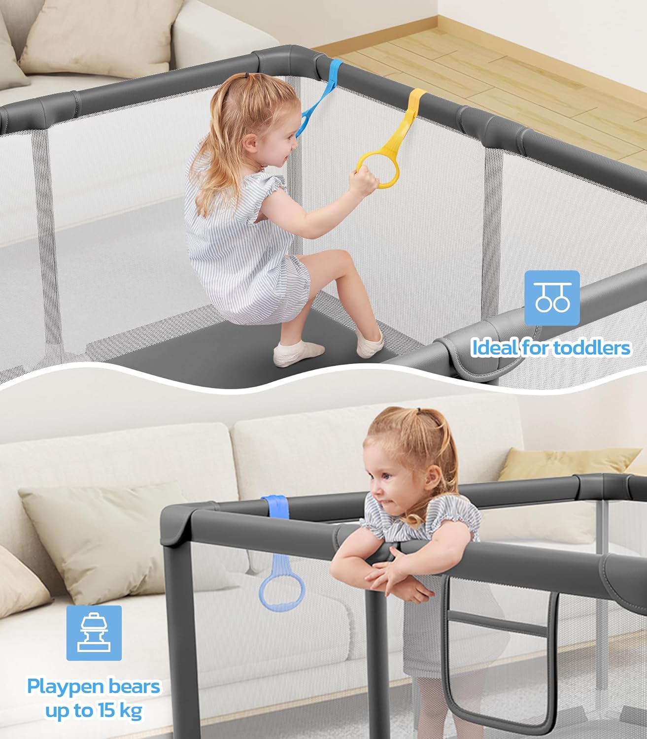 Dripex Baby Playpen, 47"x47" Small Playpen for Babies, Enhanced Safety Baby Play Yard for Indoor & Outdoor, Infant Play Pen with Soft Breathable Visible Mesh, Anti-Fall Design & Easy Setup, Grey