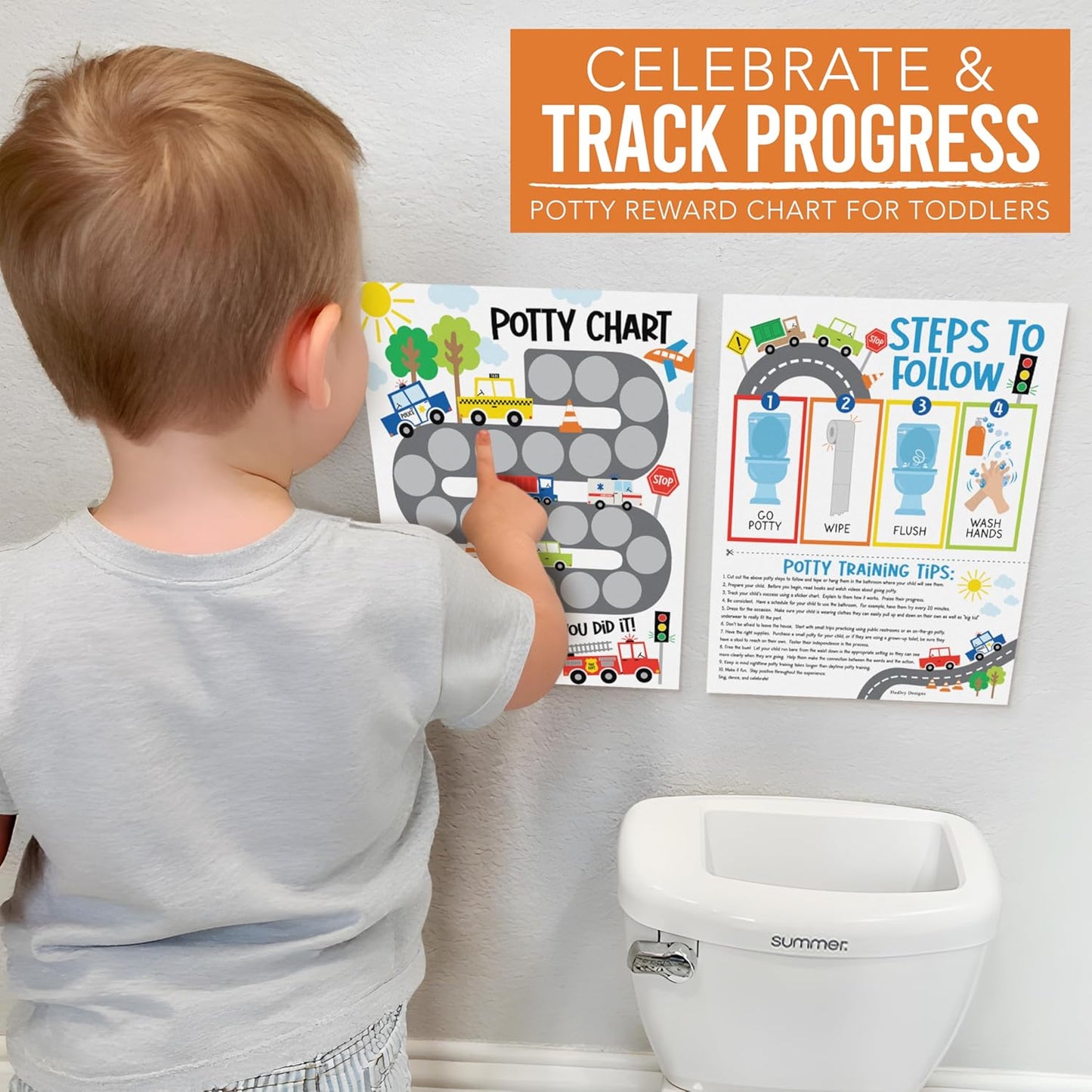 Hadley Designs Potty Training Chart for Toddlers Boys -10 Sticker Potty Chart for Toddlers Boys, 8.5x11" Potty Training Sticker Charts for Toilet Success, Monster Truck Toddler Reward Chart for Kids