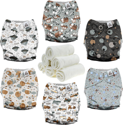 Mama Koala 3.0 Pocket Cloth Diapers for Babies with AWJ Lining, 6 Pack with 6 4-Layer Natural Cloth Diaper Inserts - Reusable and Washable Pocket Diapers(Hardworking Bees) - Colors A