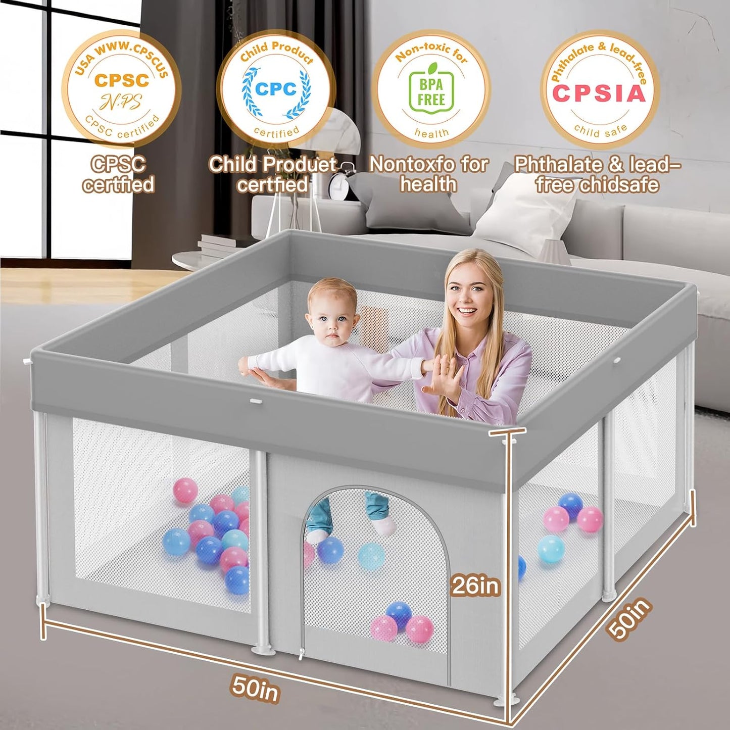 Foldable Baby Playpen 50"×50", Playard for Babies and Toddlers, Portable Safety Baby Fence Lightweight,No Installation, Indoor & Outdoor Playpen with Ocean Balls*50, Grey