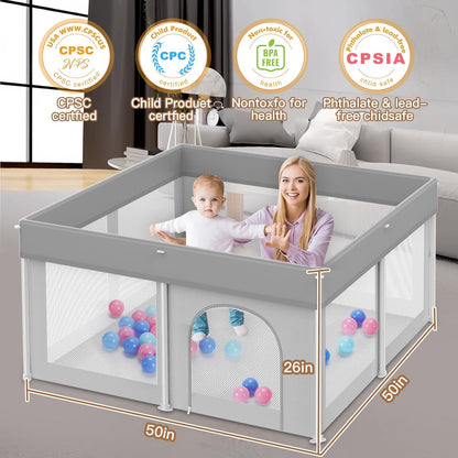 Foldable Baby Playpen 50"×50", Playard for Babies and Toddlers, Portable Safety Baby Fence Lightweight,No Installation, Indoor & Outdoor Playpen with Ocean Balls*50, Grey