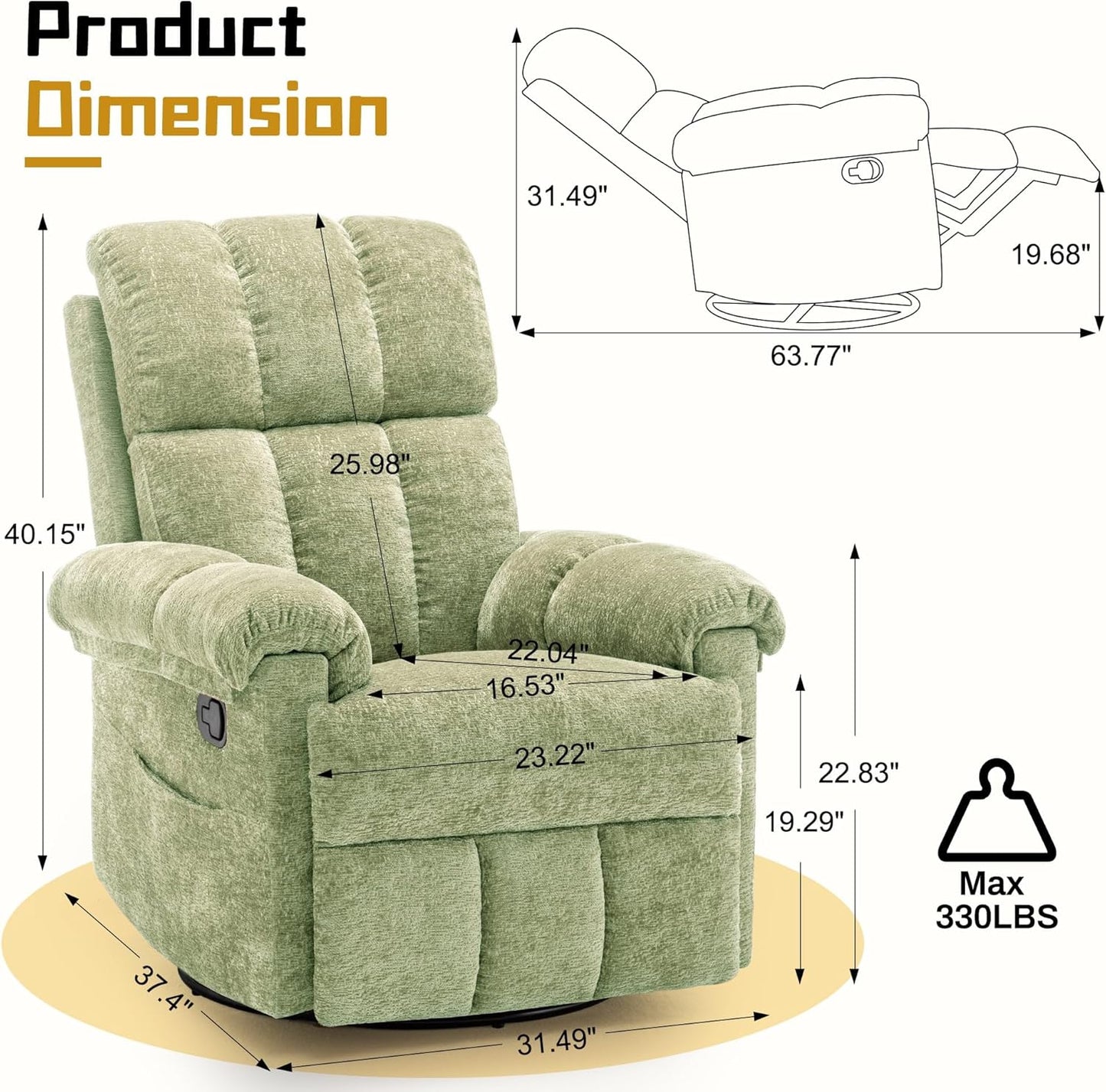 Korser Recliner Chair, Swivel Rocker Recliner Chair for Adults, Small Recliners for Small Spaces, Upholstered Manual Recliner with Side Pockets, Nursery Rocking Chair for Living Room, Chenille, Beige