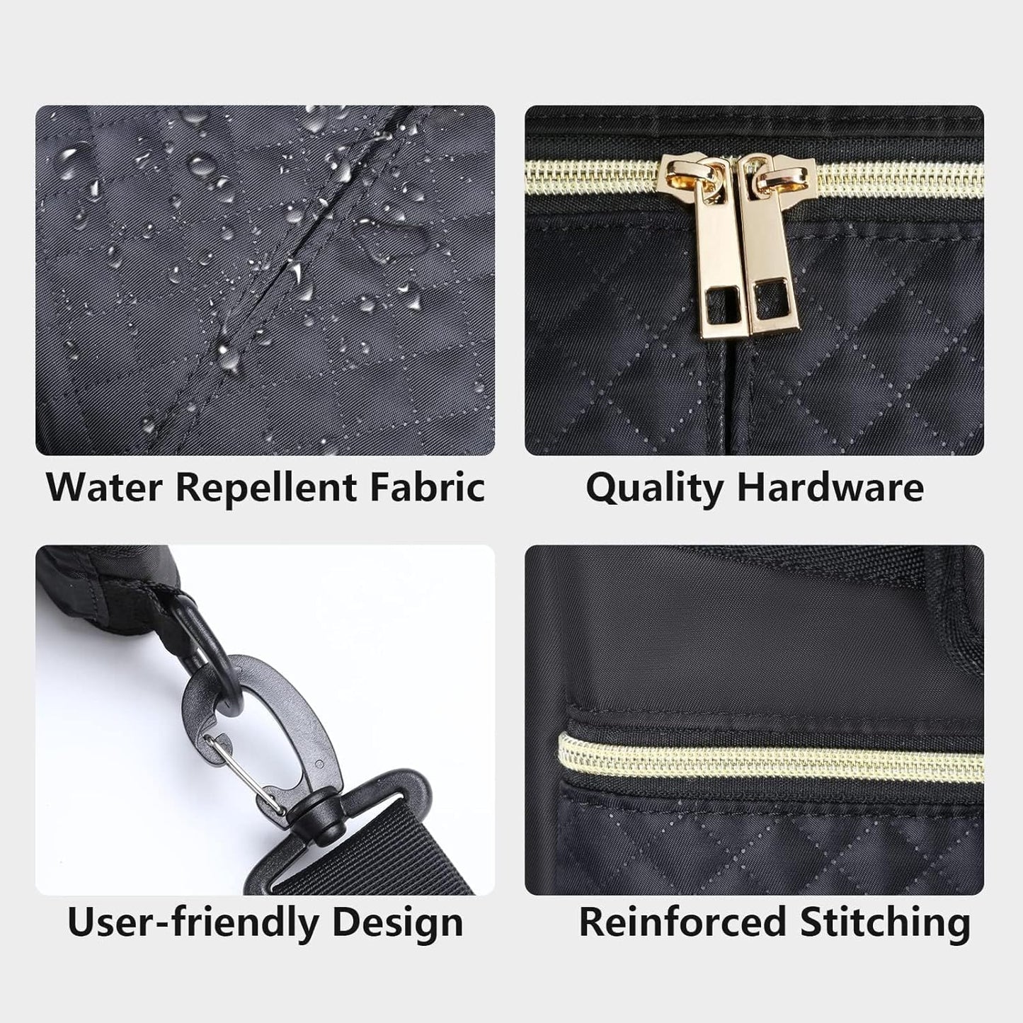 Universal Stroller Organizer Bag, Black Quilted Design with 2 Insulated Bottle Pockets, Multiple Storage Compartments, Tissue Holder, 6 x 4 x 2.5 Inches