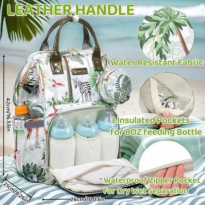 Tropical Rainforest Diaper Bag Backpack,Animal Nappy Backpack with Coin Bag USB Charging Port Stroller Straps and Insulated Pocket For Women/Mom/Travel (Animal Pattern)