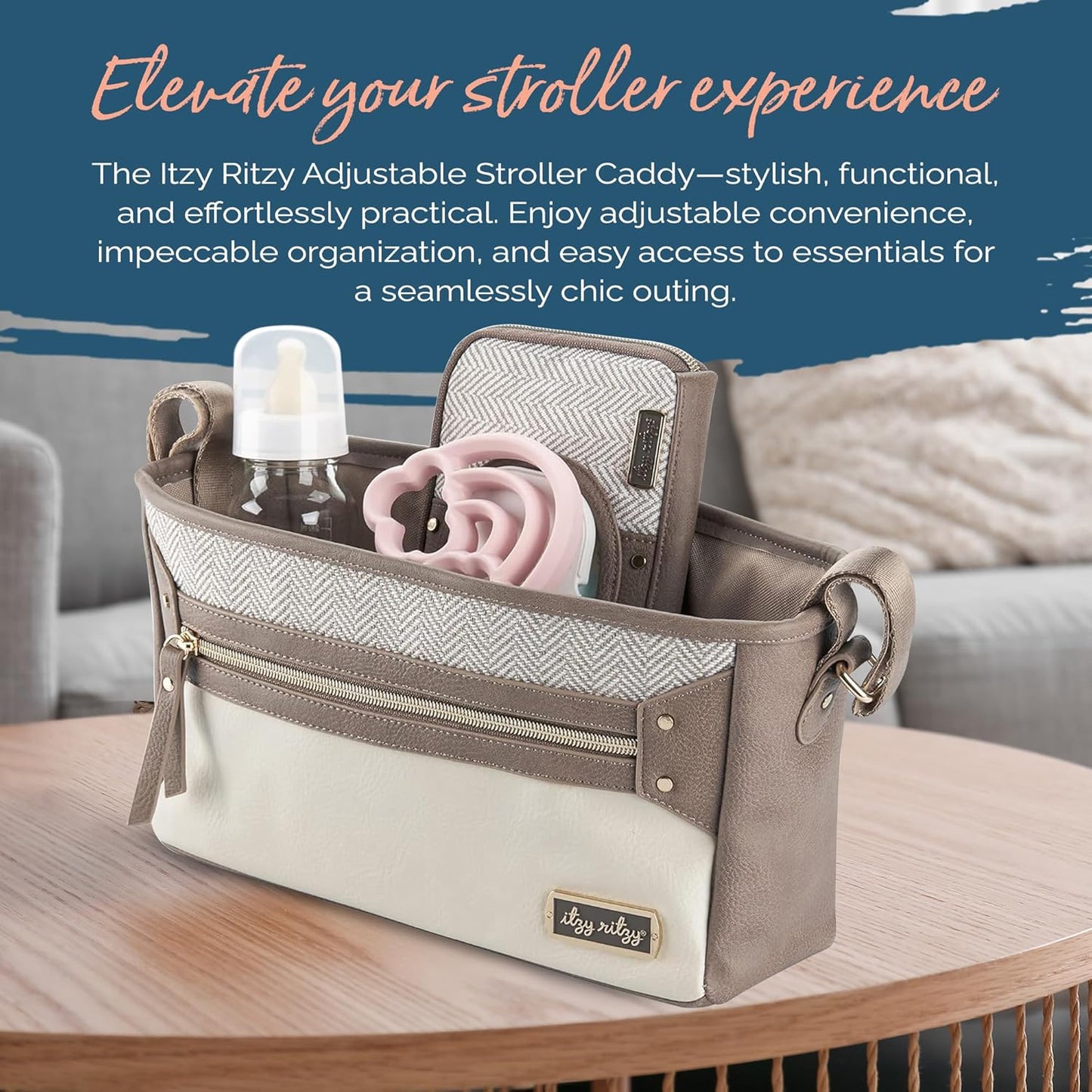 Itzy Ritzy Adjustable Stroller Caddy and Organizer Bag Featuring Front Zippered Pocket, 2 Built-In Interior Pockets & Adjustable Straps to Fit Nearly Any Stroller (Coffee and Cream)