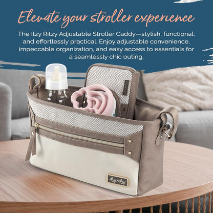Itzy Ritzy Adjustable Stroller Caddy and Organizer Bag Featuring Front Zippered Pocket, 2 Built-In Interior Pockets & Adjustable Straps to Fit Nearly Any Stroller (Coffee and Cream)