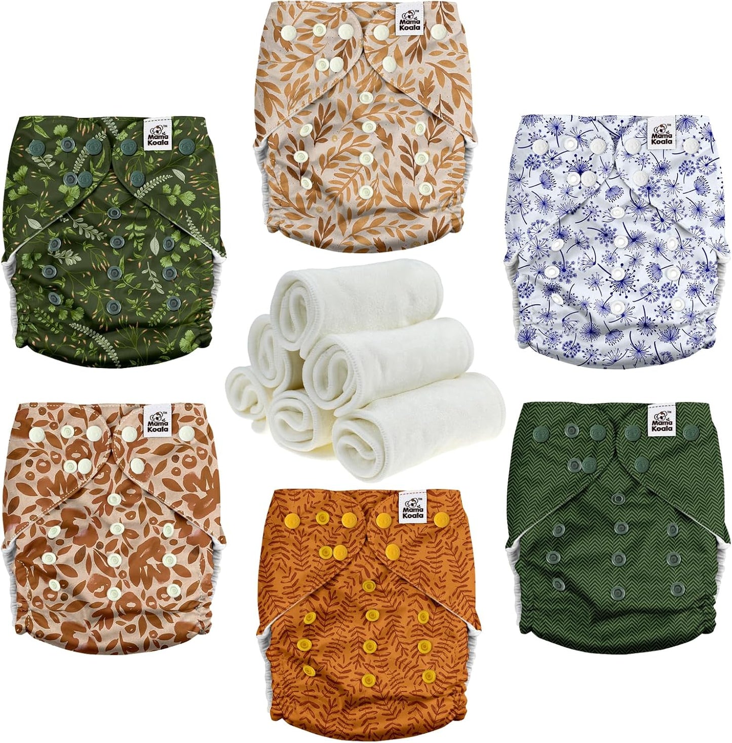 Mama Koala 3.0 Pocket Cloth Diapers for Babies with AWJ Lining, 6 Pack with 6 4-Layer Natural Cloth Diaper Inserts - Reusable and Washable Pocket Diapers(Hardworking Bees) - Colors B