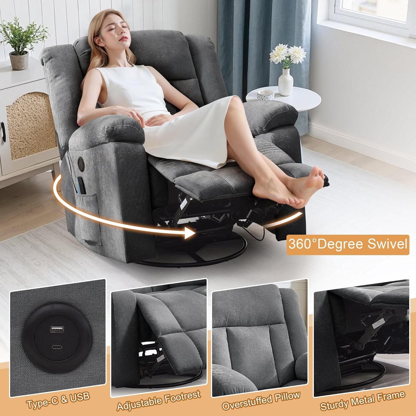 Korser Rocker Recliner, Glider Recliner Chairs for Adults, 360° Swivel Rocking Chair with Massage and Heating, Nursery Chair with Storage and USB Charging for Living Room, Bedroom, Nursery