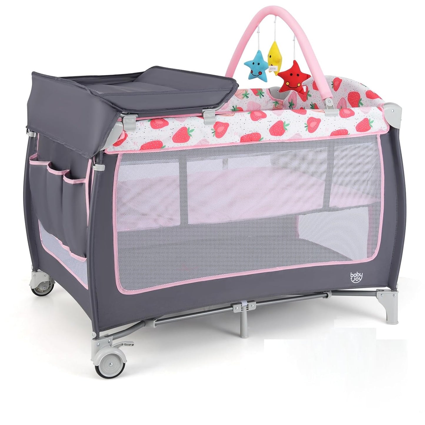 BABY JOY 4 in 1 Pack and Play, Portable Baby Playard with Bassinet, Side Zipper Door, Changing Table, Indoor Outdoor Travel Nursery Center w/Hanging Bar, Lockable Wheels, Carry Bag