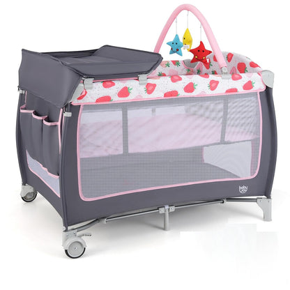 BABY JOY 4 in 1 Pack and Play, Portable Baby Playard with Bassinet, Side Zipper Door, Changing Table, Indoor Outdoor Travel Nursery Center w/Hanging Bar, Lockable Wheels, Carry Bag