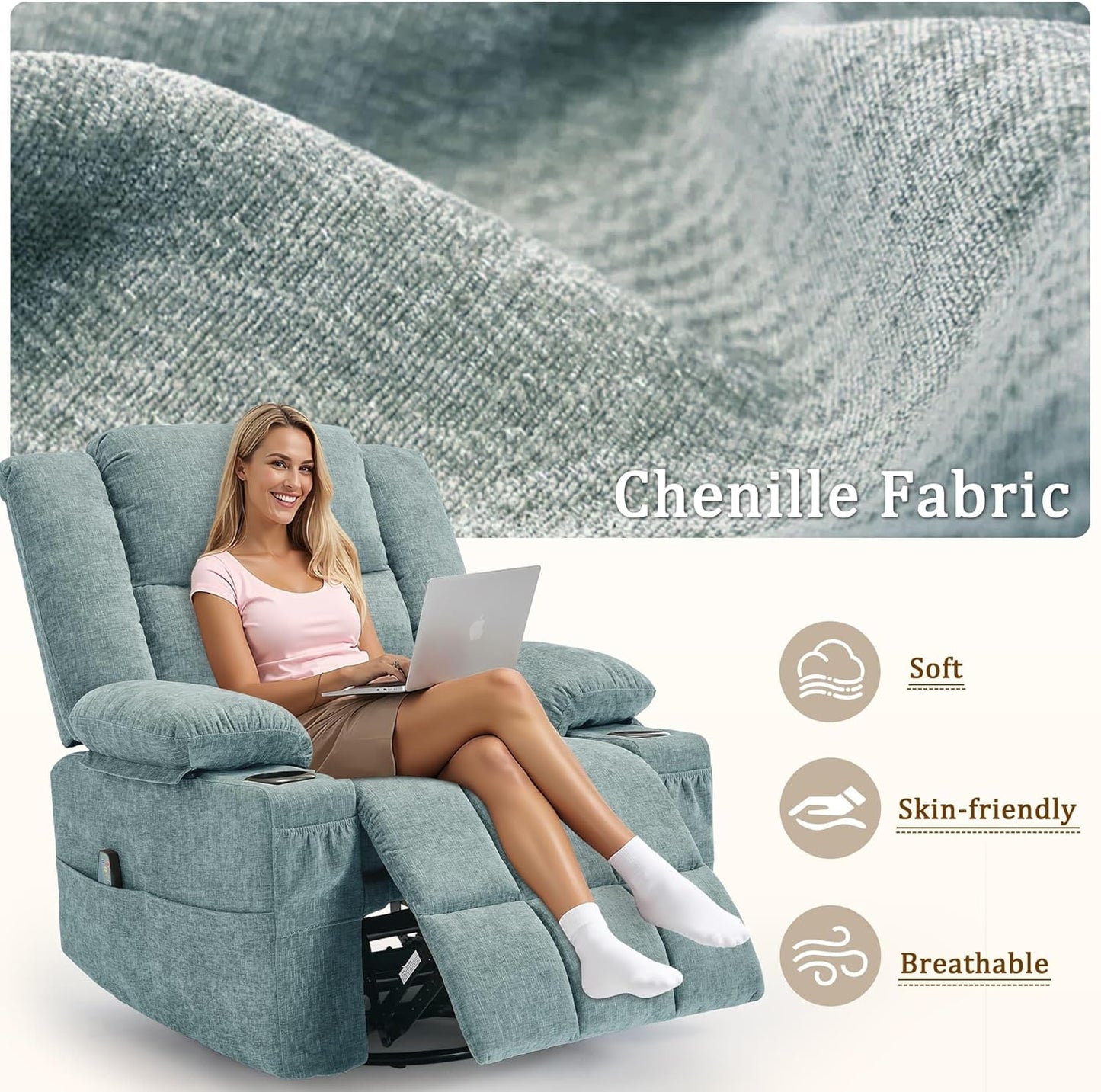 Korser 360° Swivel Rocker Recliner for Adults, Nursery Glider Recliner with Massage and Heating, Rocking Chair with Cup Holder, Manual Recliner Chair for Living Room, Bedroom (Fabric, Beige)