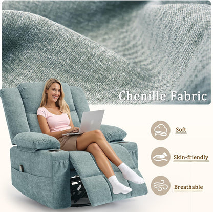 Korser 360° Swivel Rocker Recliner for Adults, Nursery Glider Recliner with Massage and Heating, Rocking Chair with Cup Holder, Manual Recliner Chair for Living Room, Bedroom (Fabric, Beige)
