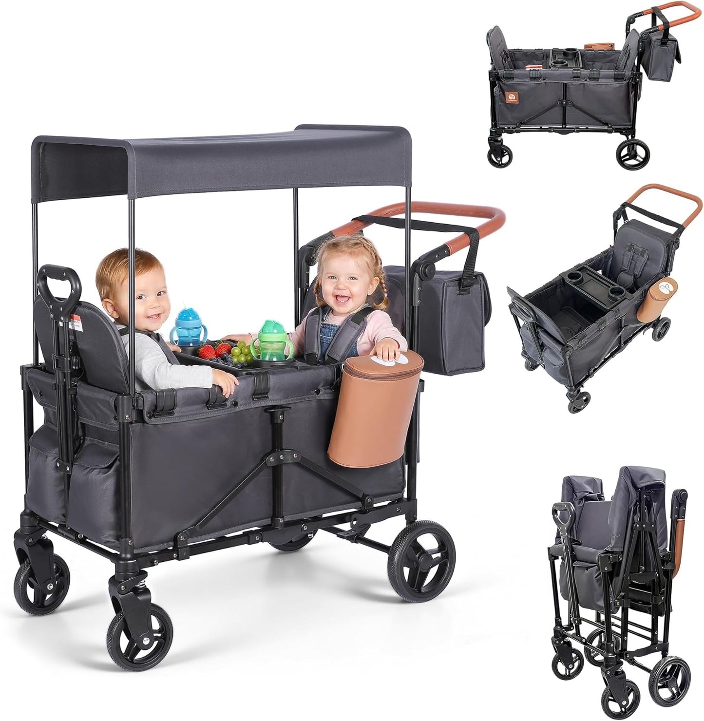2-in-1 Wagon Stroller for Two Kids – Foldable Push & Pull All‑Terrain Wagon with Canopy, 5‑Point Harnesses, 2-in-1 Storage Bag (Converts to Shoulder Bag), Lightweight, Compact – Black