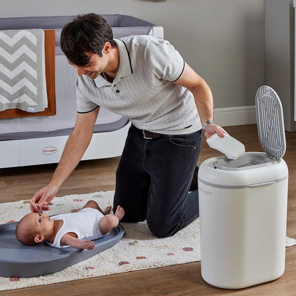 Eco-Touch Diaper Pail + Squishy Changing Mat | Odor-Lock, No Costly Refills, Biodegradable Bags, Recyclable Bin, White 10L Nappy Bin for Any Diaper Type