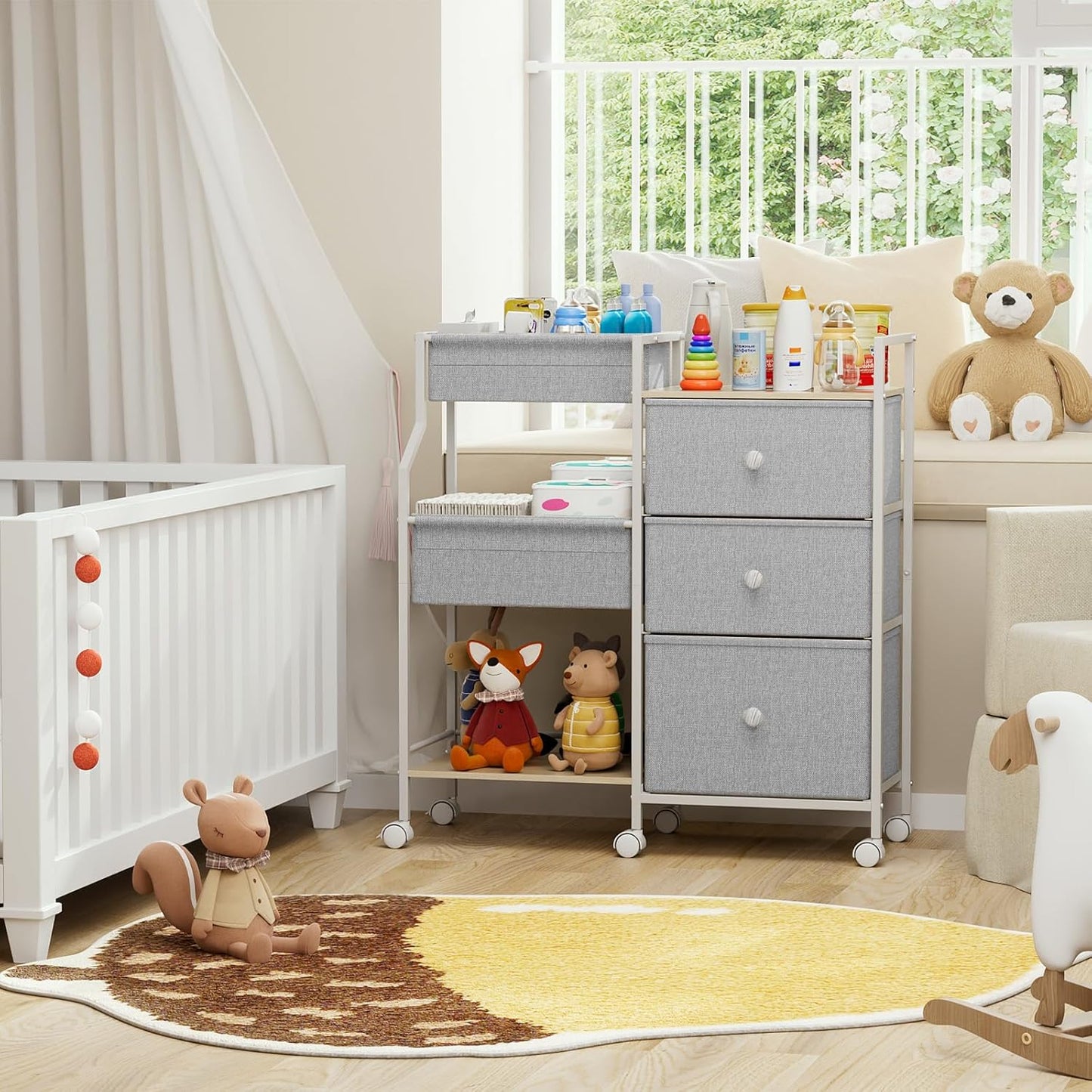 Modanais Baby Diaper Caddy Organizer Cart - 3 Tier Rolling Cart with Dividers and Drawers, Easy To Assemble, Mobile Utility Cart with Wheels for Nursery, Bedroom, Changing Table & Crib