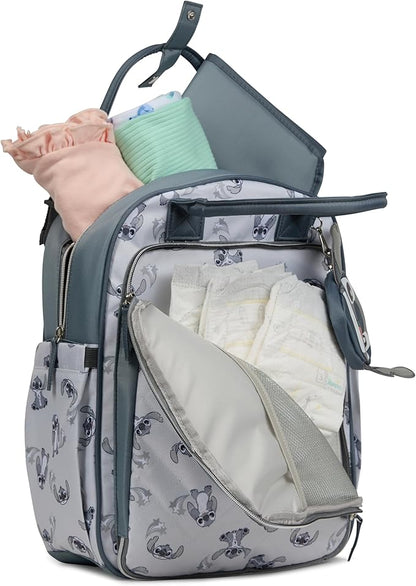 Disney Diaper Bag Backpack with Changing Pad Stich – 16” Nylon Baby Bag for Parents, Insulated Bottle Holders, Multiple Storage Pockets