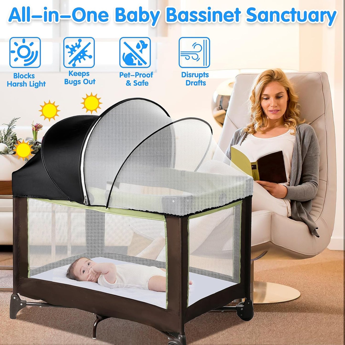 Bassinet Mosquito Net Cover - Half-Blackout Mosquito Net for Baby Crib & Bedside Sleeper, Breathable Crib net with 2-Way Zipper, Sun-Blocking Baby Mosquito Net Cover (Gray-Small)