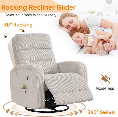 Power Swivel Rocker Recliner Chair for Nursery, Swivel Reclining Rocking Chairs, Electric Glider for Living Room, Upholstered Recliner Chairs for Bedroom, Corduroy White