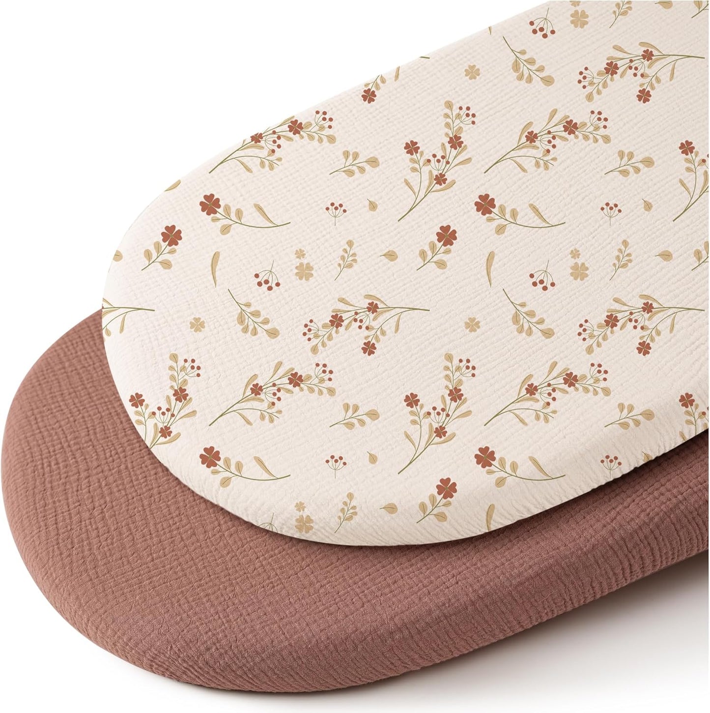 Konssy Muslin Fitted Bassinet Sheets 2 Pack for Baby Girl Boy, Soft Bedside Sleeper Bassinet Sheets Fit for Baby Bassinets, Moses Basket Oval Rectangle Pad/Mattress