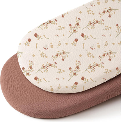 Konssy Muslin Fitted Bassinet Sheets 2 Pack for Baby Girl Boy, Soft Bedside Sleeper Bassinet Sheets Fit for Baby Bassinets, Moses Basket Oval Rectangle Pad/Mattress