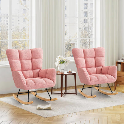 Furniliving Nursery Rocking Chair Upholstered Glider Rocking Chair Modern Accent Chair Padded Seat Reading Chair with High Backrest Comfy Chair for Living Room, Bedroom, Nursery, Black, Teddy