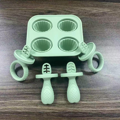 Silicone Baby Ice Pop Molds with Easy-Grip Handles, 4-Cavity Frozen Food Feeder Tray for Toddlers, Mini Popsicle Maker for Feeding Stage, Fruit Puree & Breast Milk Snacks(Olive Green)