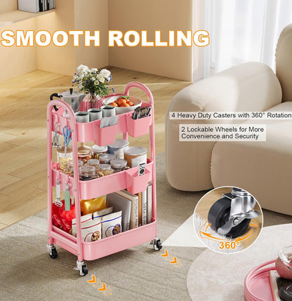 Beige 3 Tier Rolling Cart Metal on Wheels, Three Tiered Storage Organizer Utility Trolley with Wheels for Art, Craft, Baby Diaper Caddy, Snack, Book, Nail, Lash, Cleaning Supplies, Kitchen, Bathroom
